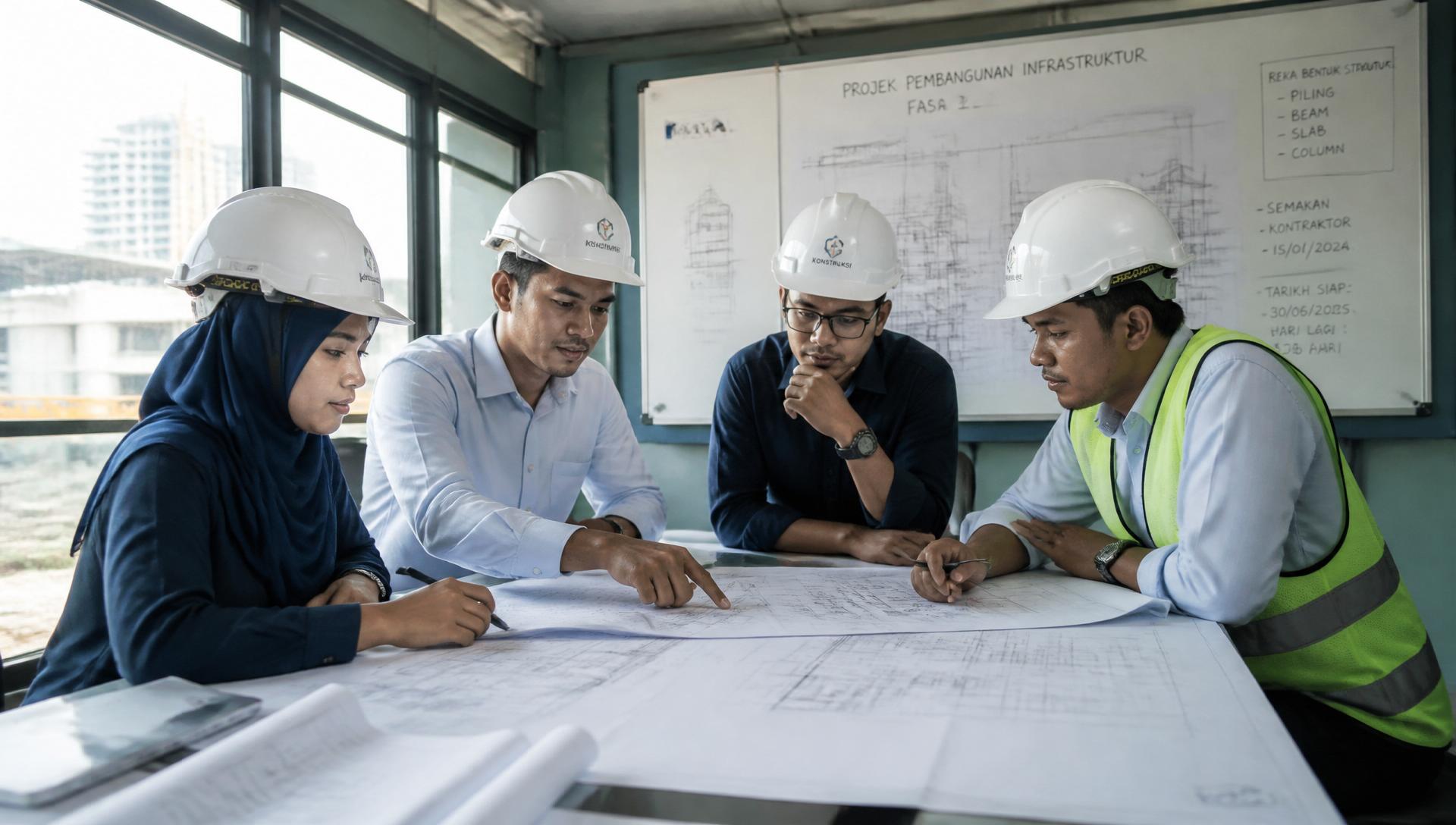 Jurutera Hadicon Bina merancang pelan pembinaan di tapak projek